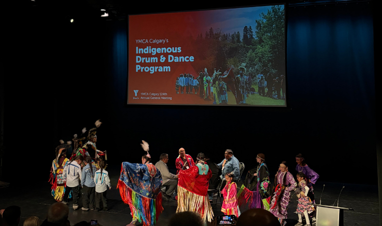 Indigenous Drum and Dance program participants dancing