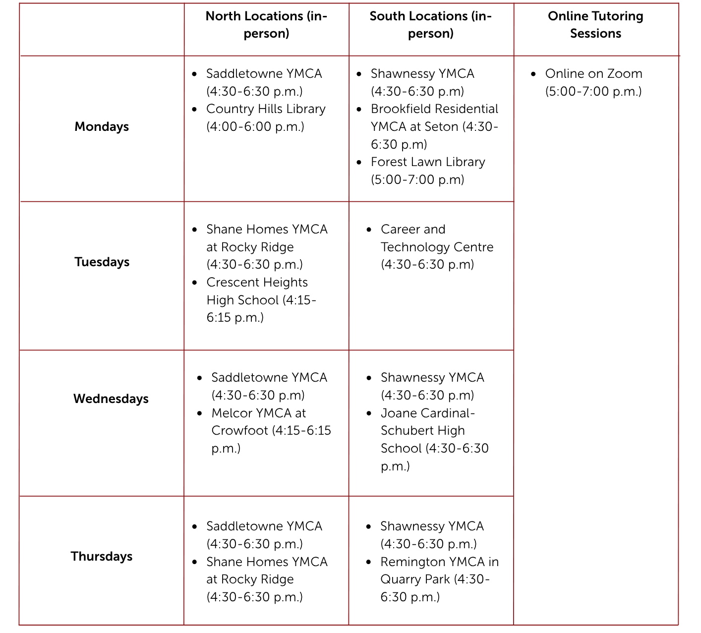 Tutoring Table Program Schedule
