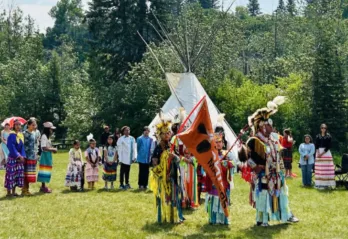 Indigenous Drum and Dance program participants dancing