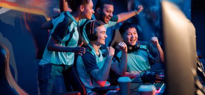 group of kids playing video games