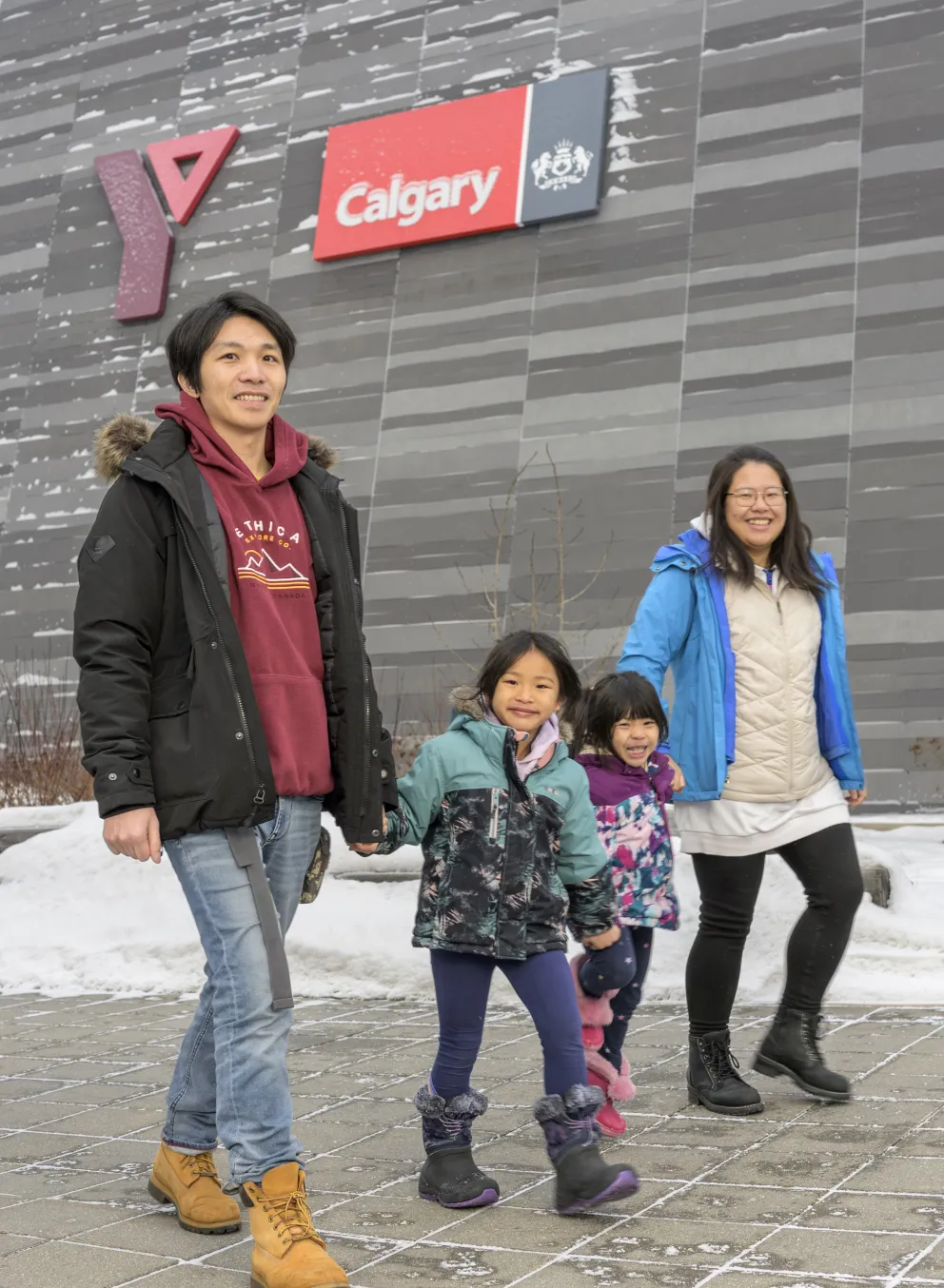 family walking to the Y in winter