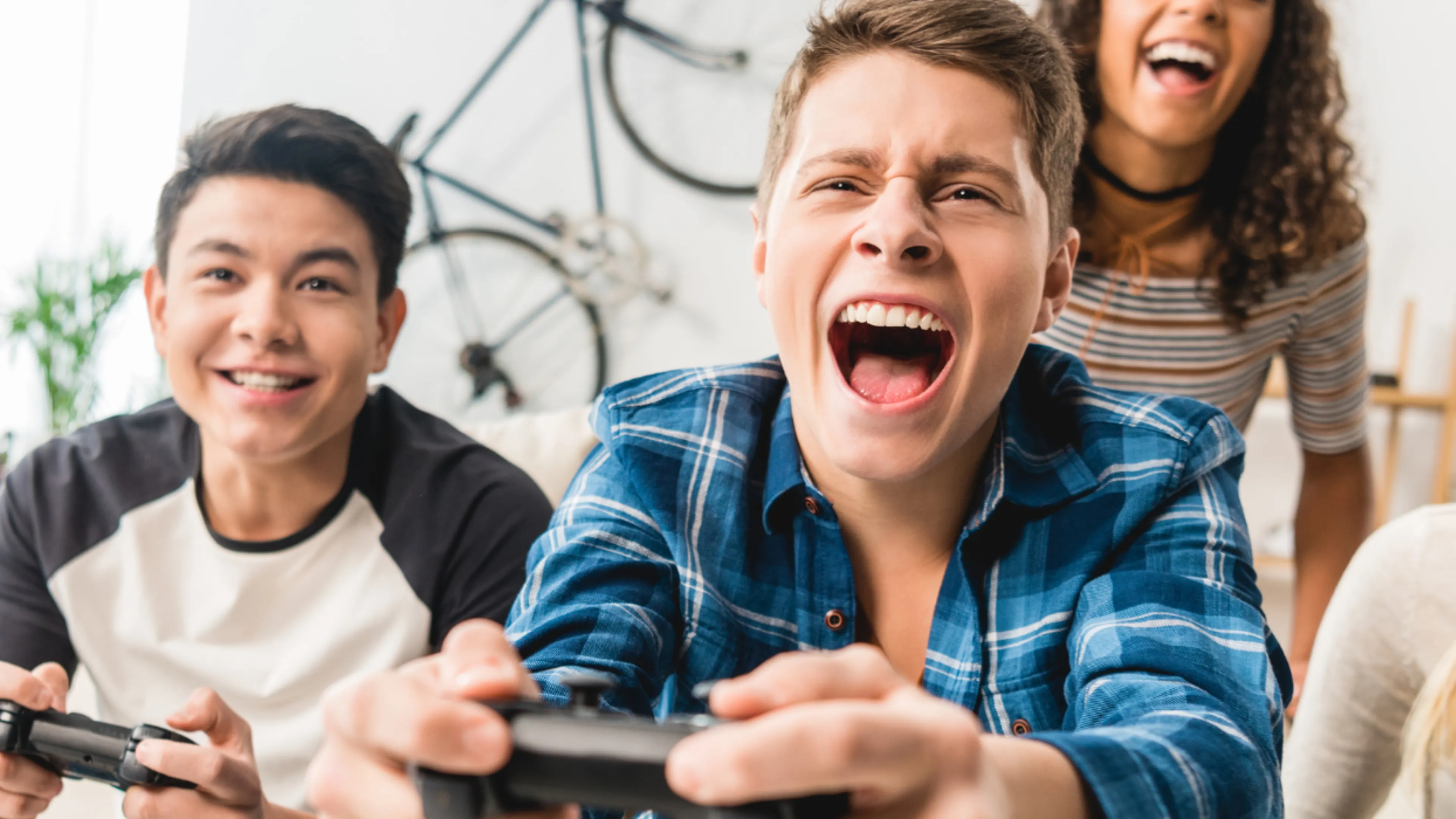 group of kids playing video games