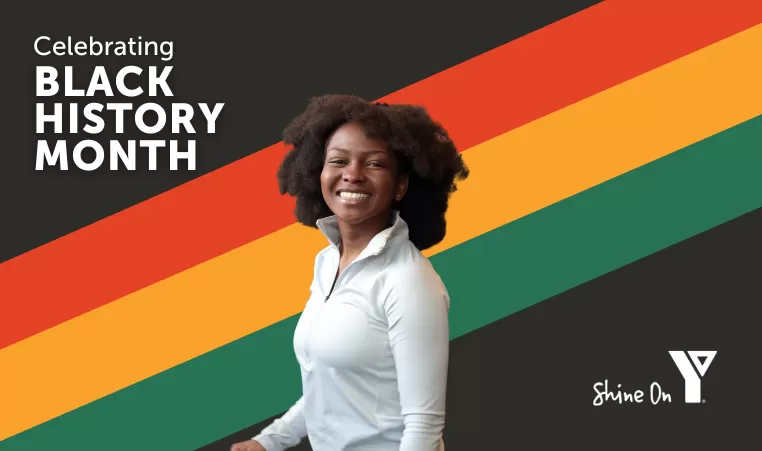 Black History month blog header featuring a woman in front of a graphic background
