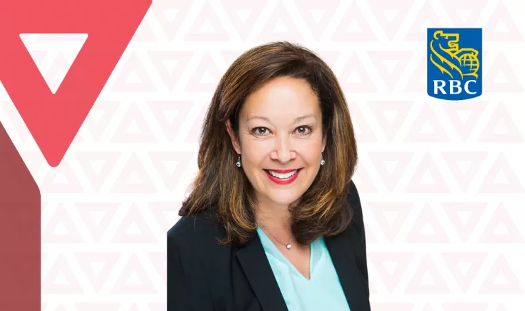 Jerilynn Daniels is seen on a white background with faded red triangles alongside the Y and RBC logos