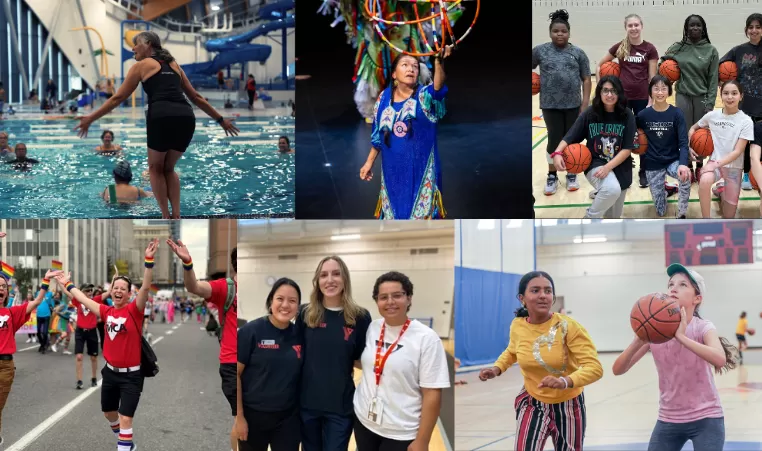 A mosaic of images of women and girls taking part in various activities at YMCA Calgary, from the Pride Parade to girls only basketball to aquatics classes and more.