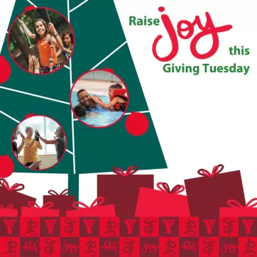 A Christmas Tree and Presents sit amongst the words "Raise Joy this Giving Tuesday"