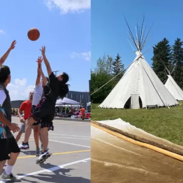 On image left group of teenagers playing basketball outside. Image right, individual standing in front of tipi outside. 