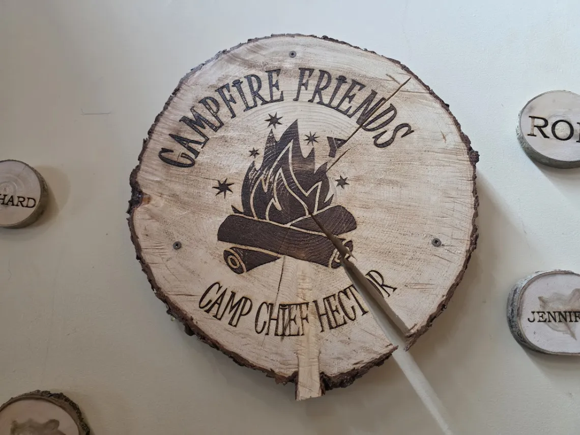 Large campfire friends wooden cookie display at Camp Chief Hector YMCA